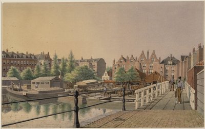 Die städtische Schiffsbaustelle in westlicher Richtung zu den Hinterhäusern an der Amstel von Johan Rieke